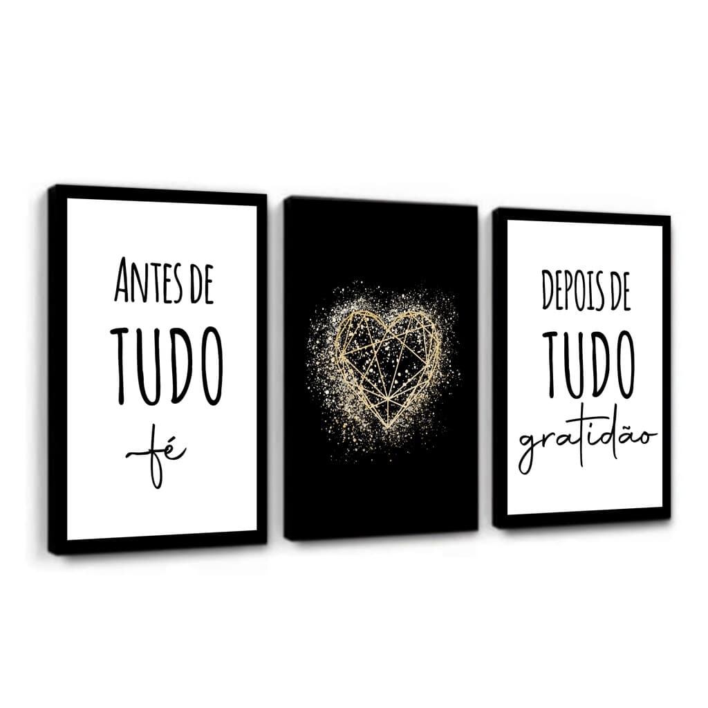Kit Quadros Decorativos Mosaico 3 Peças Trio Frase Antes de Tudo Fé Gratidão Coração Geometrico