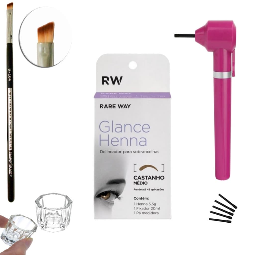 Kit rena de sobrancelha henna glance profissional Mini mixer pincel chanfrado e dappen Rare Way