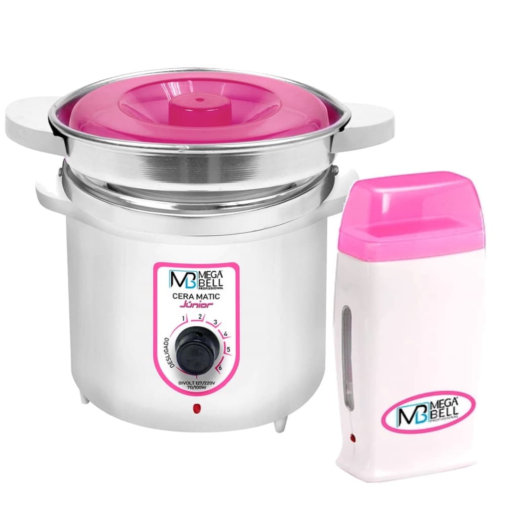 Kit Depilação Termocera 400gr Com Refil Branca Com Rosa + Aquecedor de Cera Roll-on Rosa Mega Bell