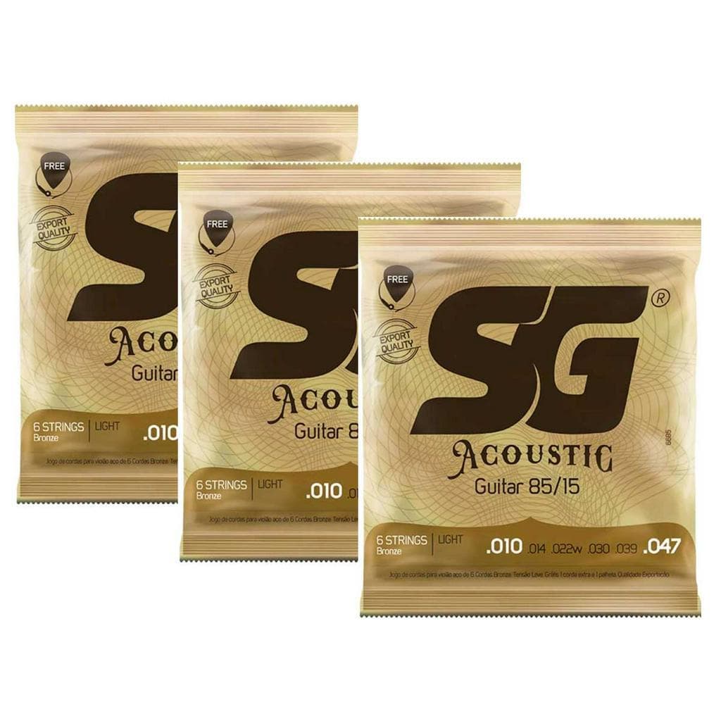 Kit com 3 Encordoamentos para Violão SG Strings Aço 010 Bronze