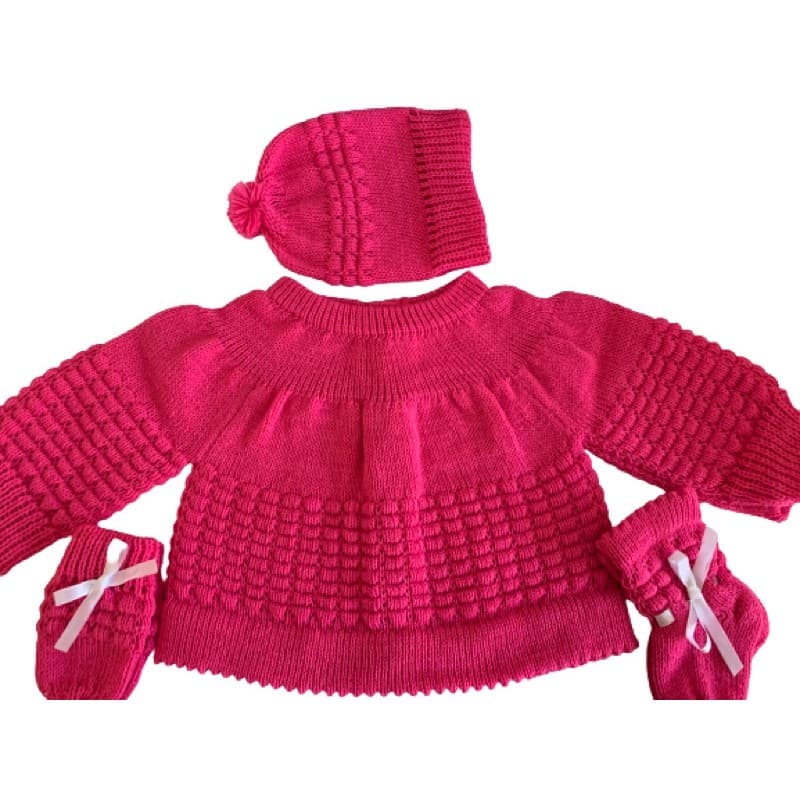 Casaco com Touca, Luva e Meia Bebê Tricô Menina Lã Pink
