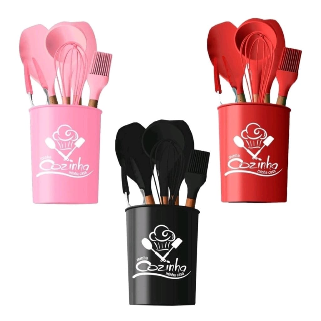 Kit Jogo Utensílios de Cozinha Silicone e Madeira Bambu 7 Peças Premium Casa