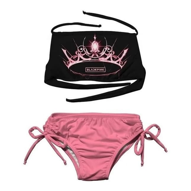 Biquini Infantil Blackpink Cropped Preto Coroa Rose