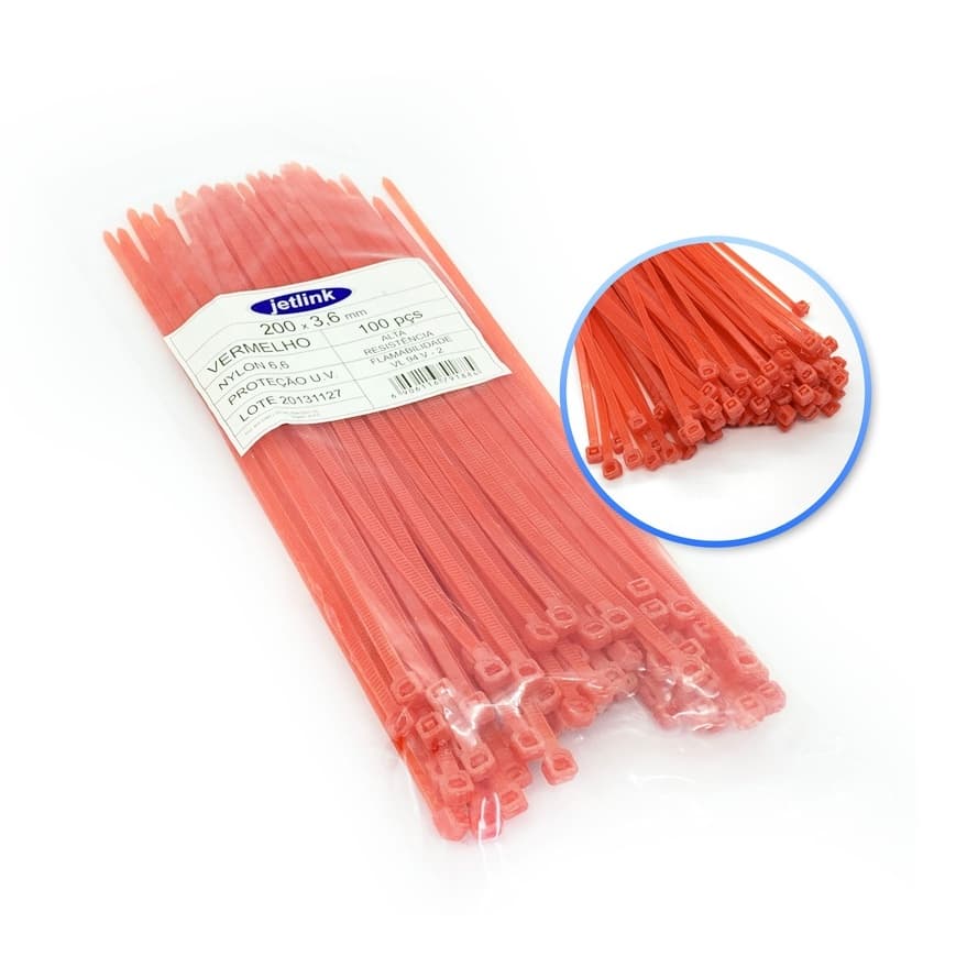 Kit Abraçadeiras de Fixação Nylon Cinta Plástica 100 Un 3,6 Mm X 200 Mm Vermelha