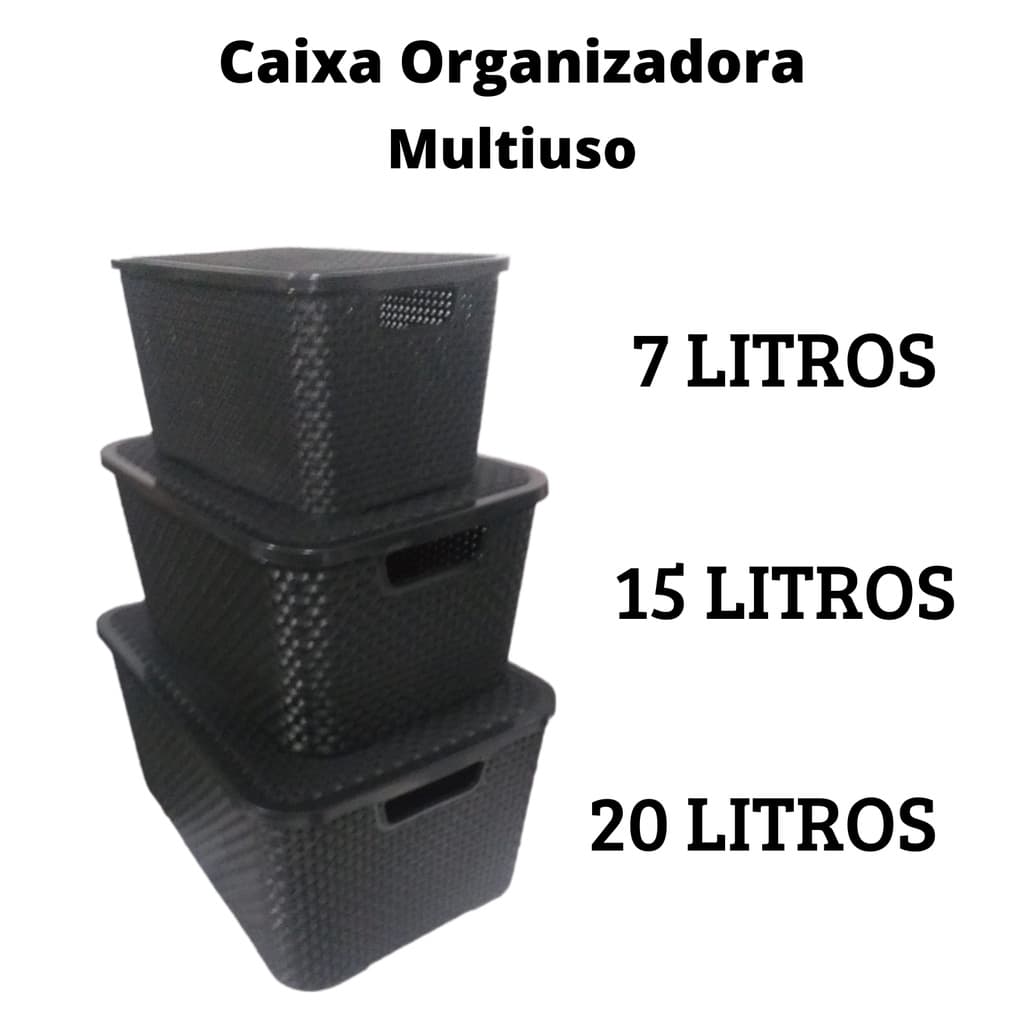 Kit 3 Caixas Organizadoras 20 Litros, 15 Litros e 7 Litros Cesto Multiuso Rattan Com Tampa Preto