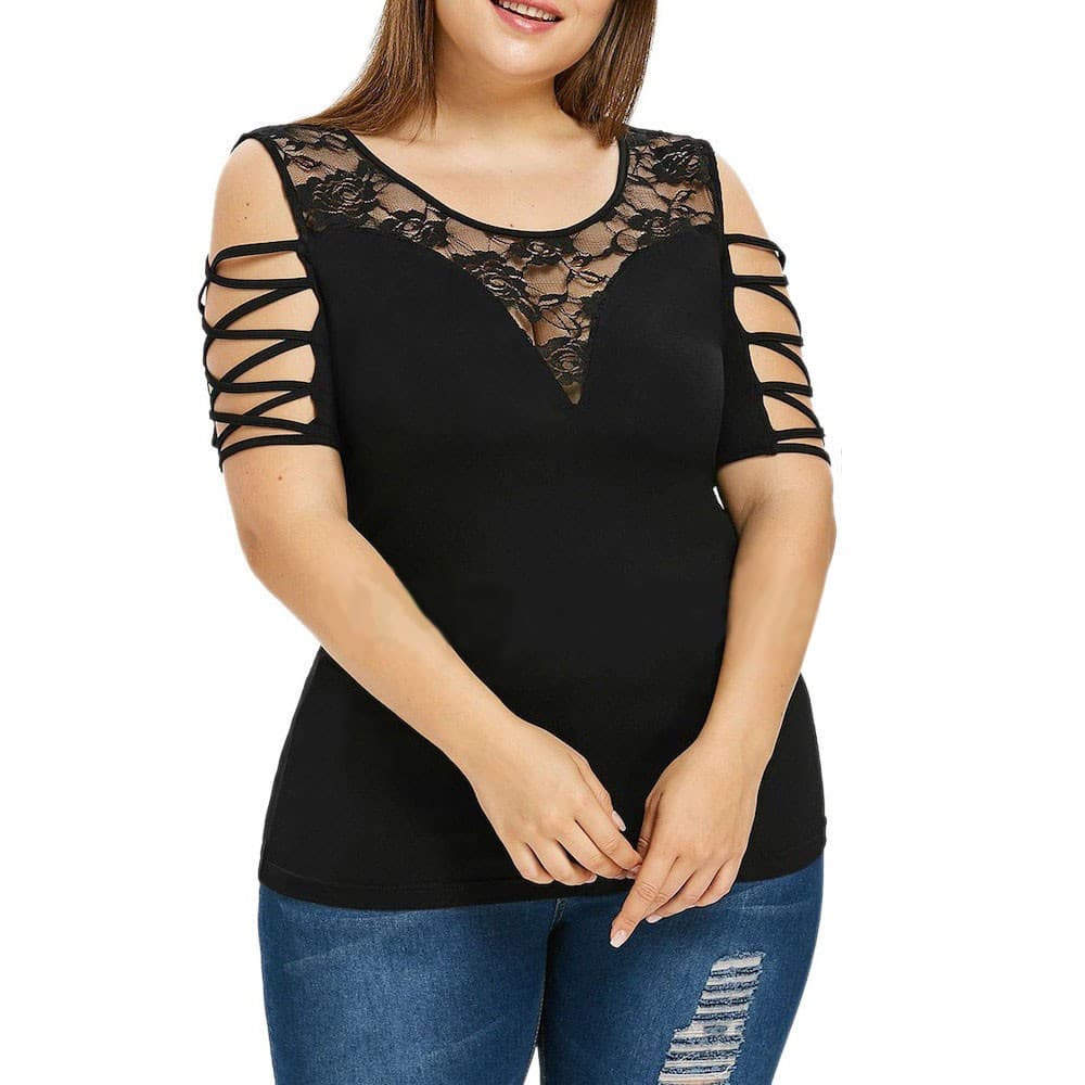 Blusa Feminina Plus size  Manga Curta Aplicação Renda no Busto tamanhos grandes