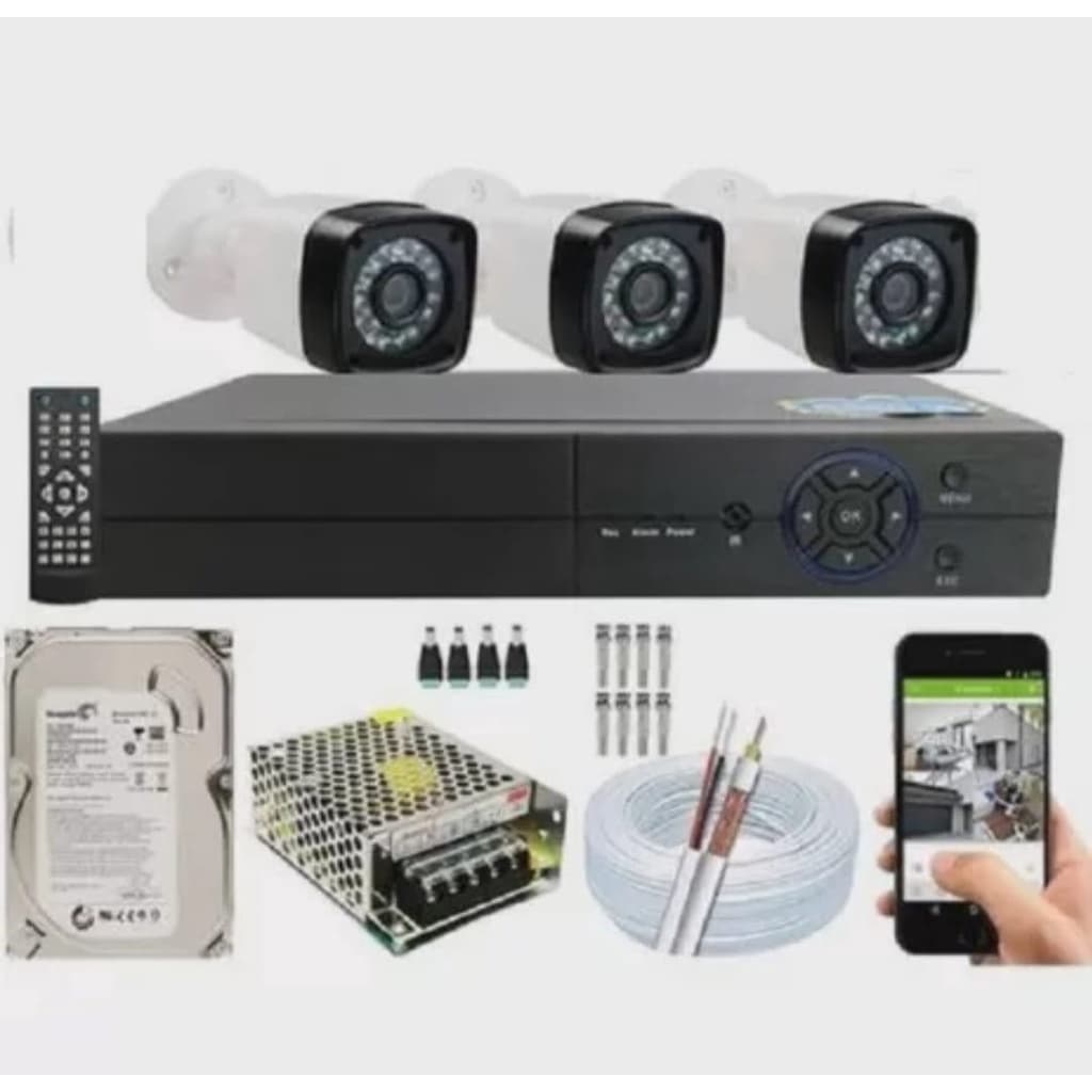 Kit cftv Completo 3 Câmeras Segurança + 1tb + dvr 4 canais multi hd
