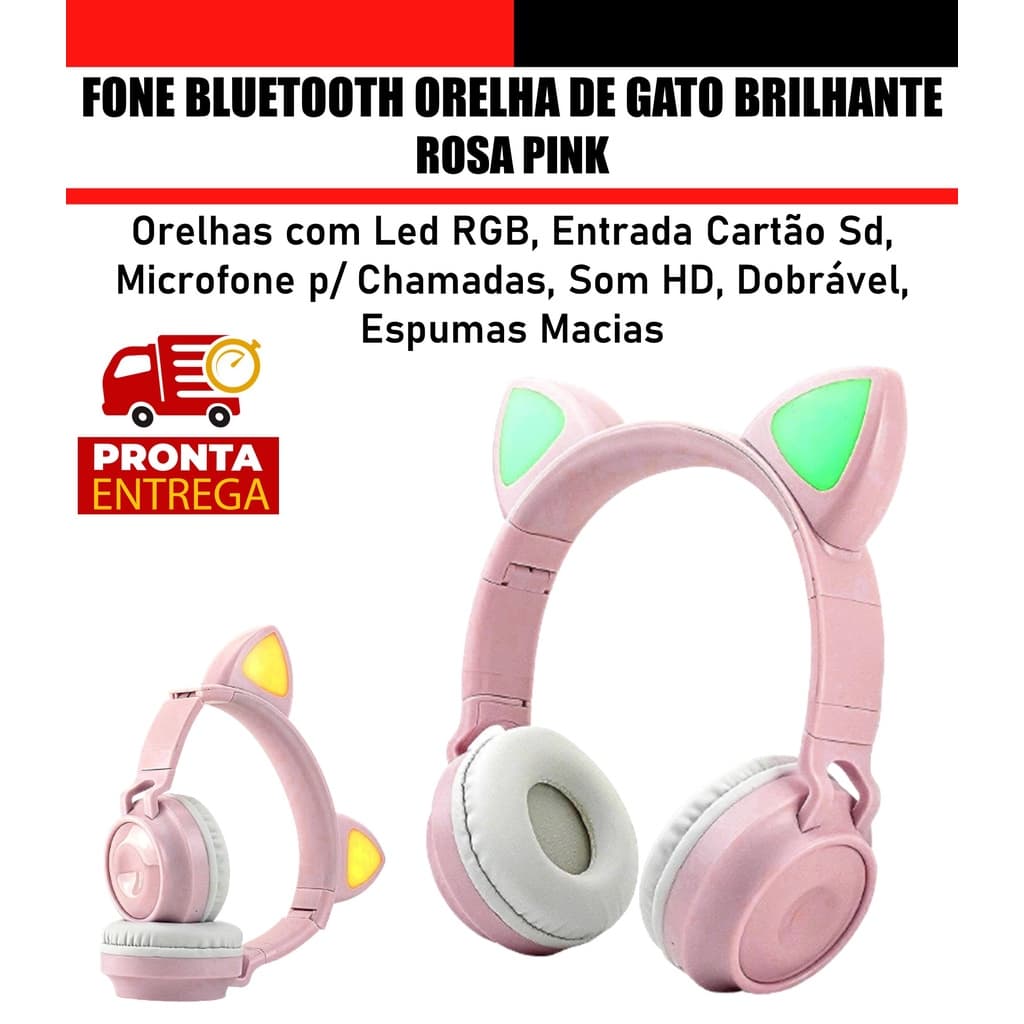 Fone de Ouvido Bluetooth Orelha de Gato Brilhante com Microfone Interno + Entrada Sd Rosa Pink