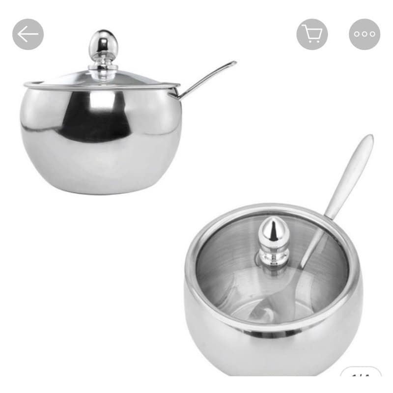 Açucareiro em aço inox com tampa de vidro e colher
