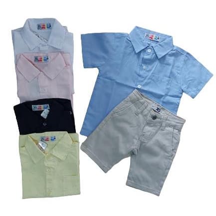 Roupa Infantil Social Festa  Menino Conjunto Bermuda Sarja Bege + Camisa MM 01-08 Casamento Formatura