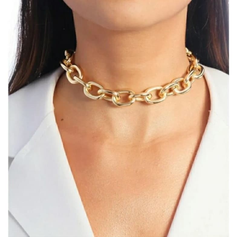 Colar Feminino Gargantilha choker corrente elos Grossa folheado a ouro 18k tendência moda