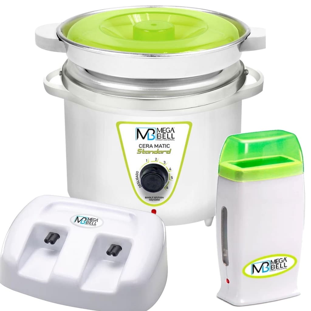 Termocera Panela Depilação 900g c/ Refil + Base Dupla c/ 1 Rollon Branco c/ Verde Limão Mega Bell