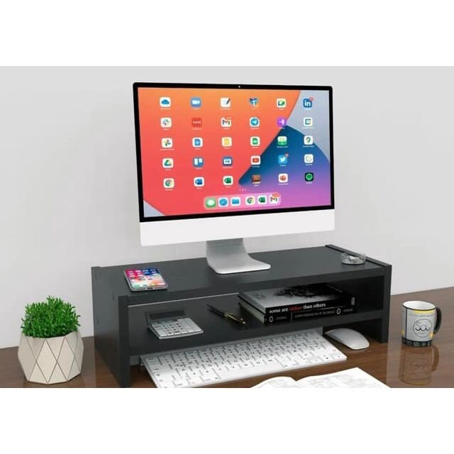 Suporte Base Monitor Duplo Notebook Ergonômico Mesinha 100% Mdf Branco, Preto
