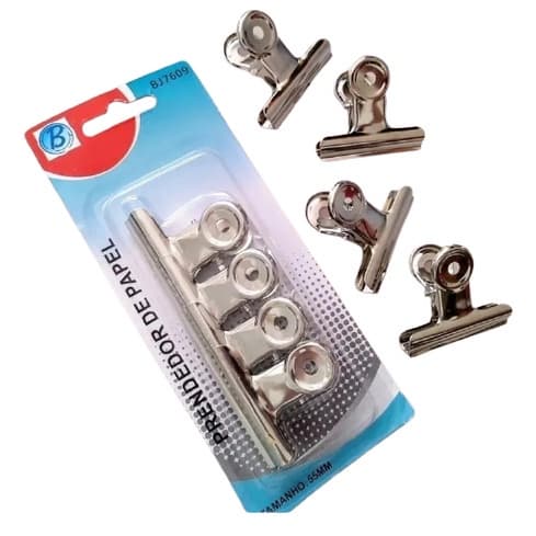 Kit 4 Prendedores de Papel 55mm em Metal Para Escola, Ecritório