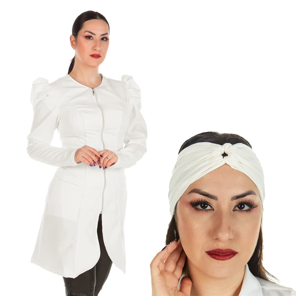 Jaleco Acinturado Feminino Manga Longa Princesa Off White + Turbante Farmacêutica Dentista Médica