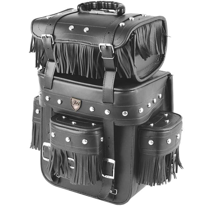 Alforge Traseiro (Bolsa) Custom 32 Litros Couro Sintético C/ Cravos e Franjas