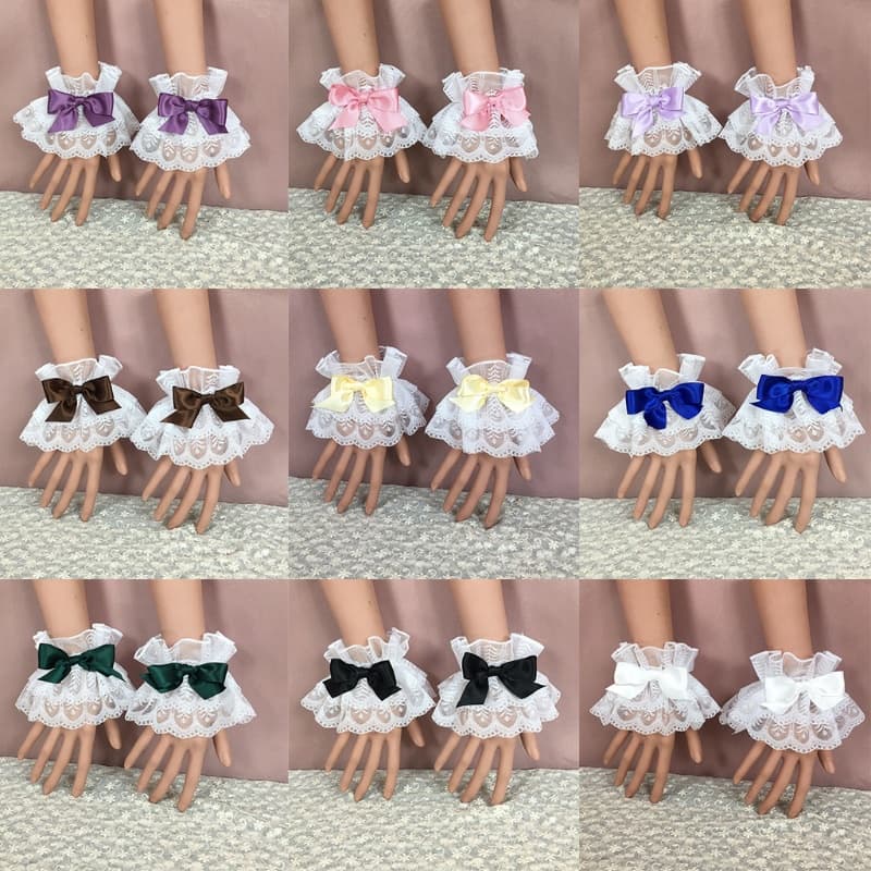 Kellnny Estilo Japonês Lolita Manga De Mão Punhos De Pulso Doce Babados Renda Multicolorido Bowknot Empregada Cosplay Pu