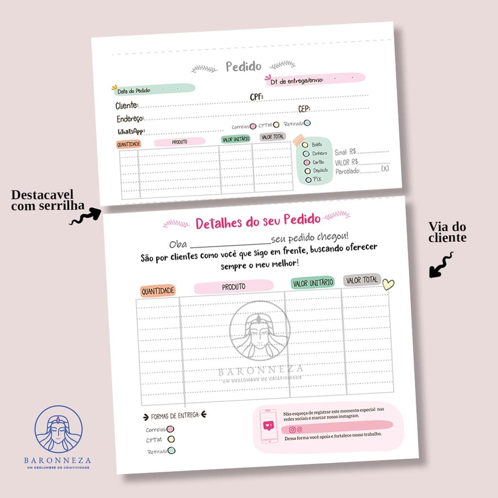 Talão de pedido + recibo 50 folhas destacáveis 2 vias - feminino ( pedidos, nota fiscal)
