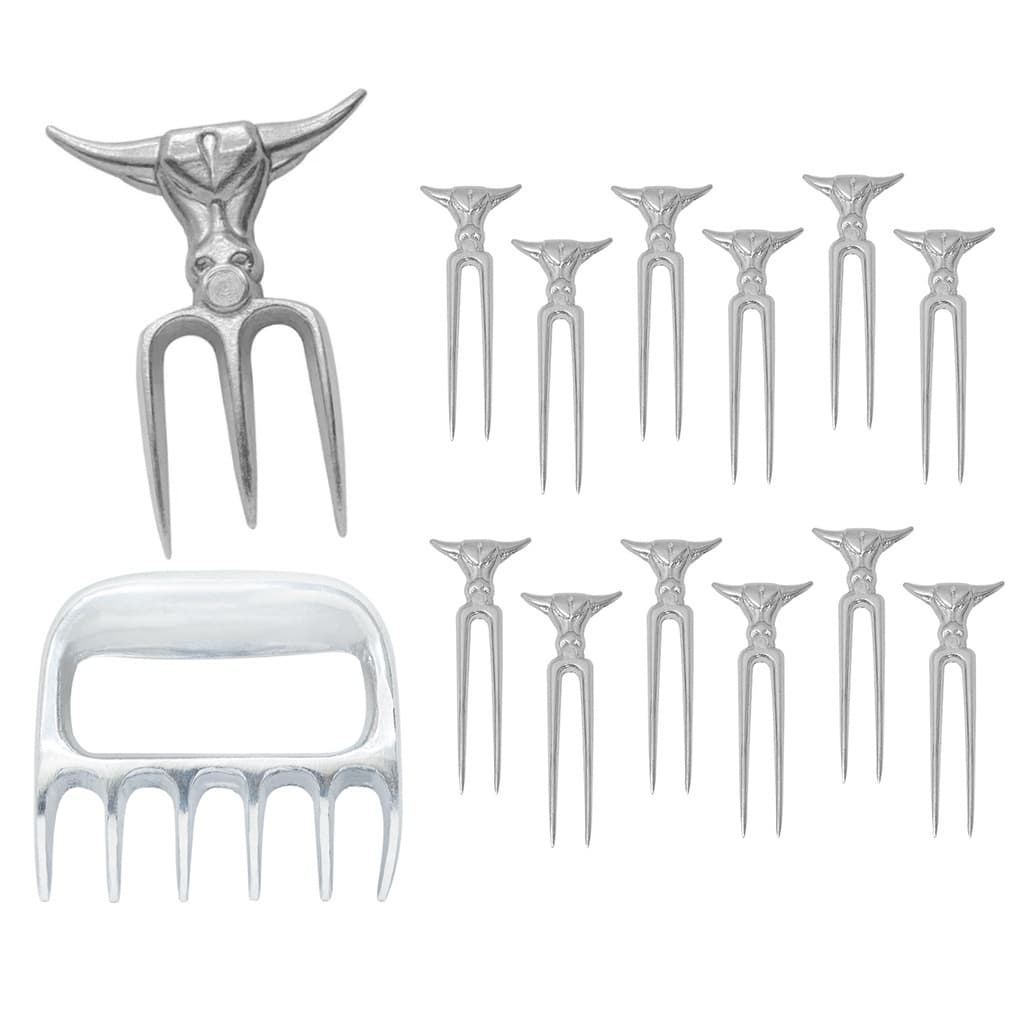 Kit Com 1 Garra De Urso + 1 Garfo Tridente Cara de Boi + 12 Mini Garfinhos Petisco Para Churrasco Gourmet