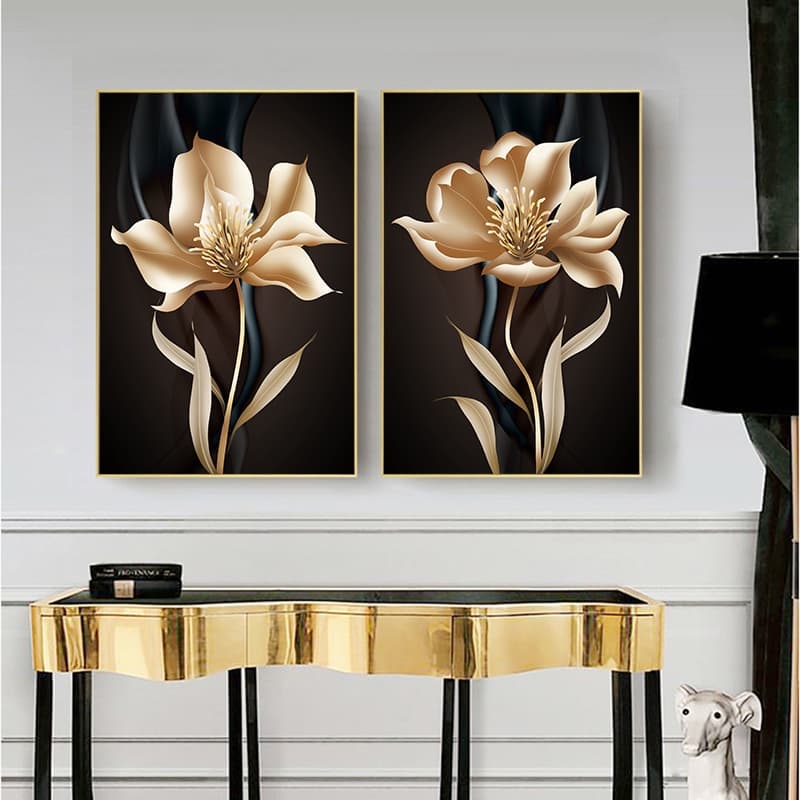 quadro decorativo 2 peças flores douradas decoração luxo sala hall