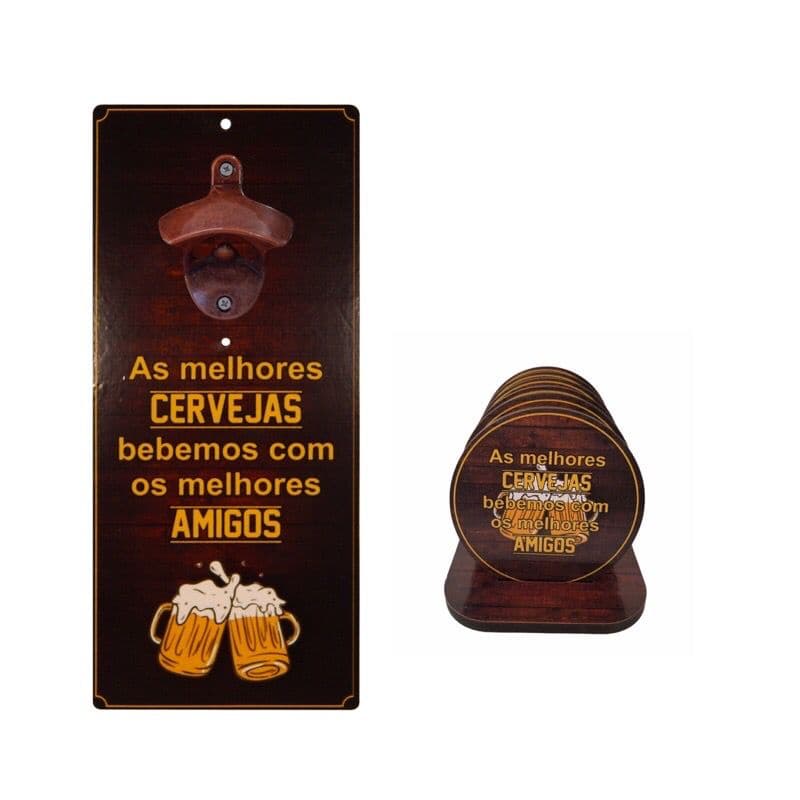 Kit Abridor de Garrafa e Porta Copo Mdf Área Gourmet