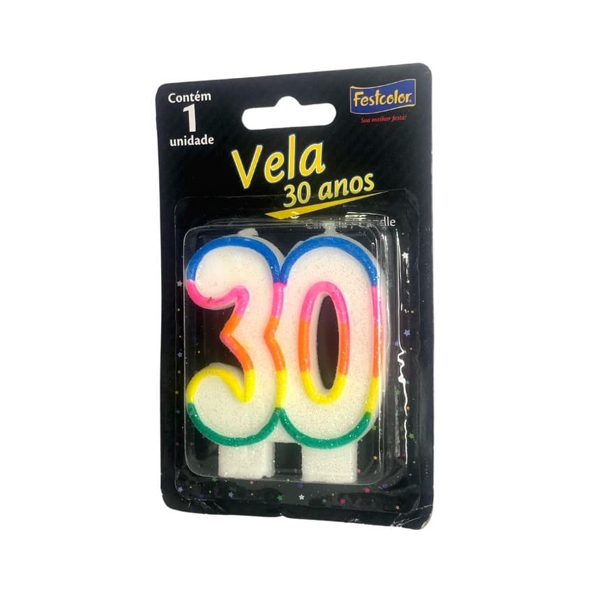 Vela de Aniversário Número 30 Branca e Colorida de Glitter