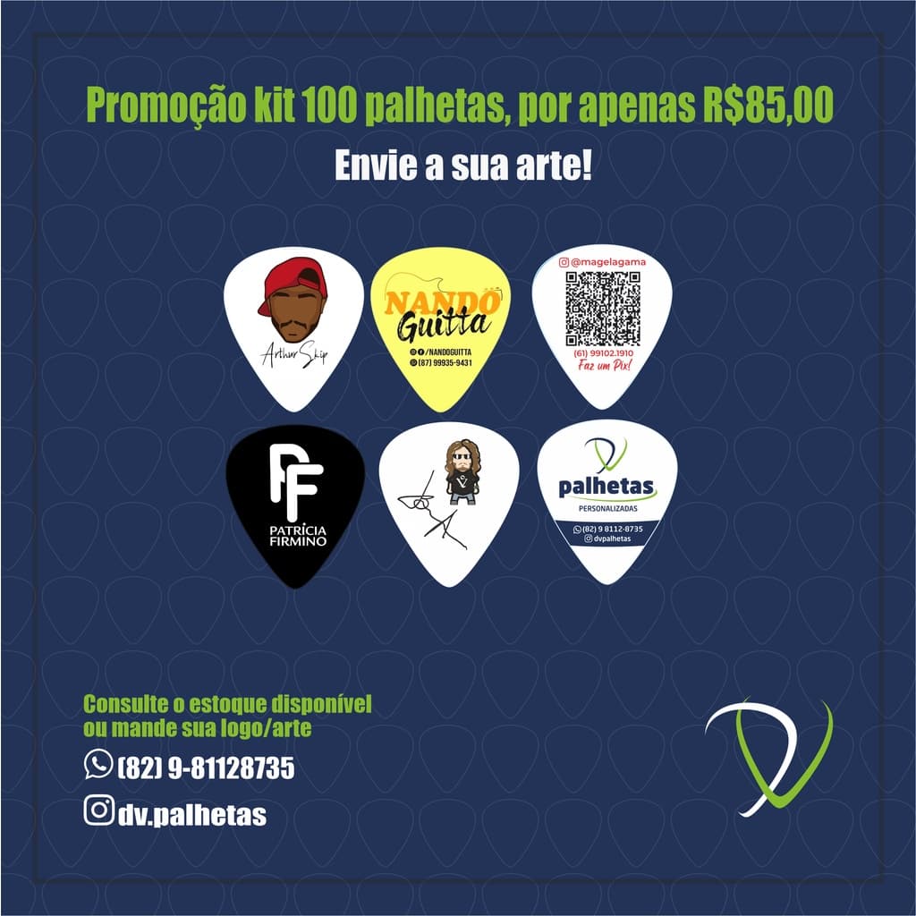 100 Pçs/Palhetas Personalizadas e Correia personalizadas. Escolha sua arte, ou logomarca.