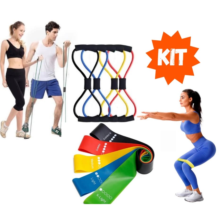 Kit 5 Elásticos Mini Band (Acompanha Bag e Manual) + Elástico de Tensão Extensor Multifuncional Crosstube - Exercícios Academia - Treino em casa