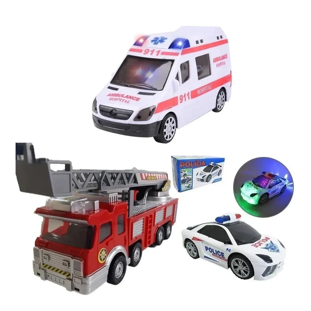 Kit Carro Bombeiro Jato Aguá Policial Ambulância C/som Luz