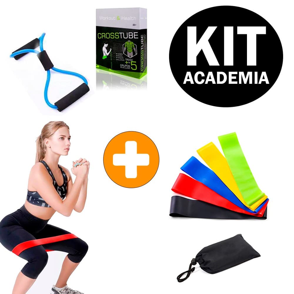 Kit Academia em Casa Faixas Elásticas Mini Band Elástico + Elástico de Tensão Extensor Cross Tube Treino Funcional Fitness