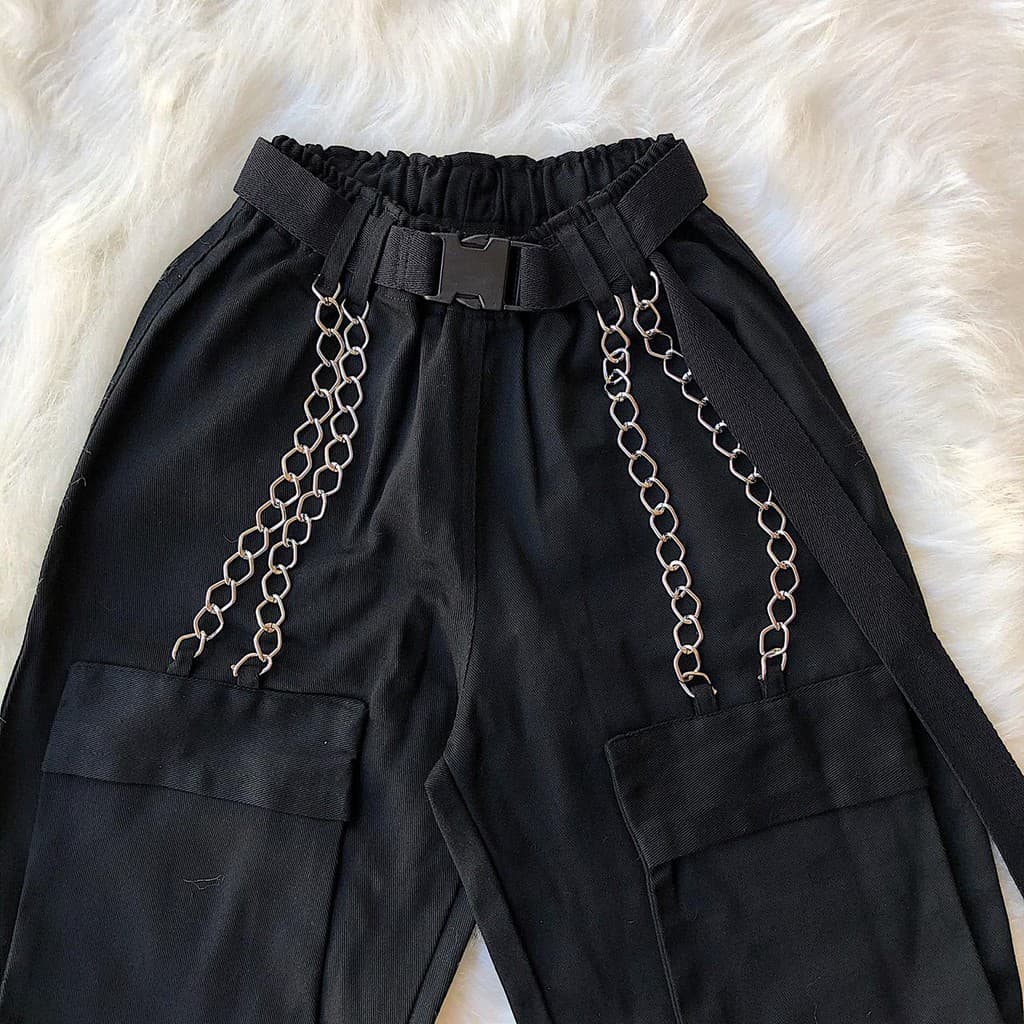 Calça Cargo Preta Vermelha Corrente Unissex Masculina Feminina Techwear