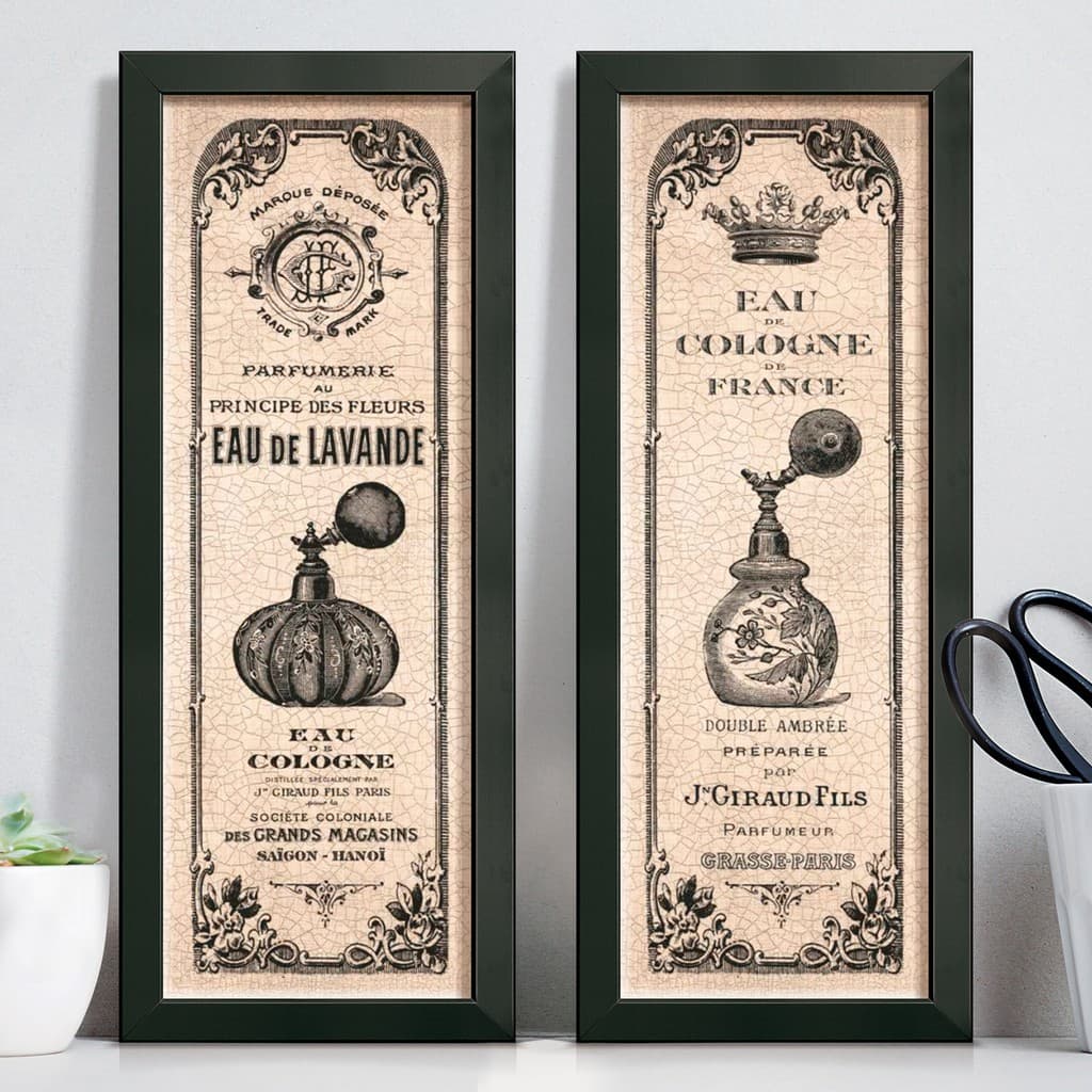 Quadro Decorativo Kit Composição Vintage Bege Preto Perfume Toalete Paris Para Lavabo ou Banheiro
