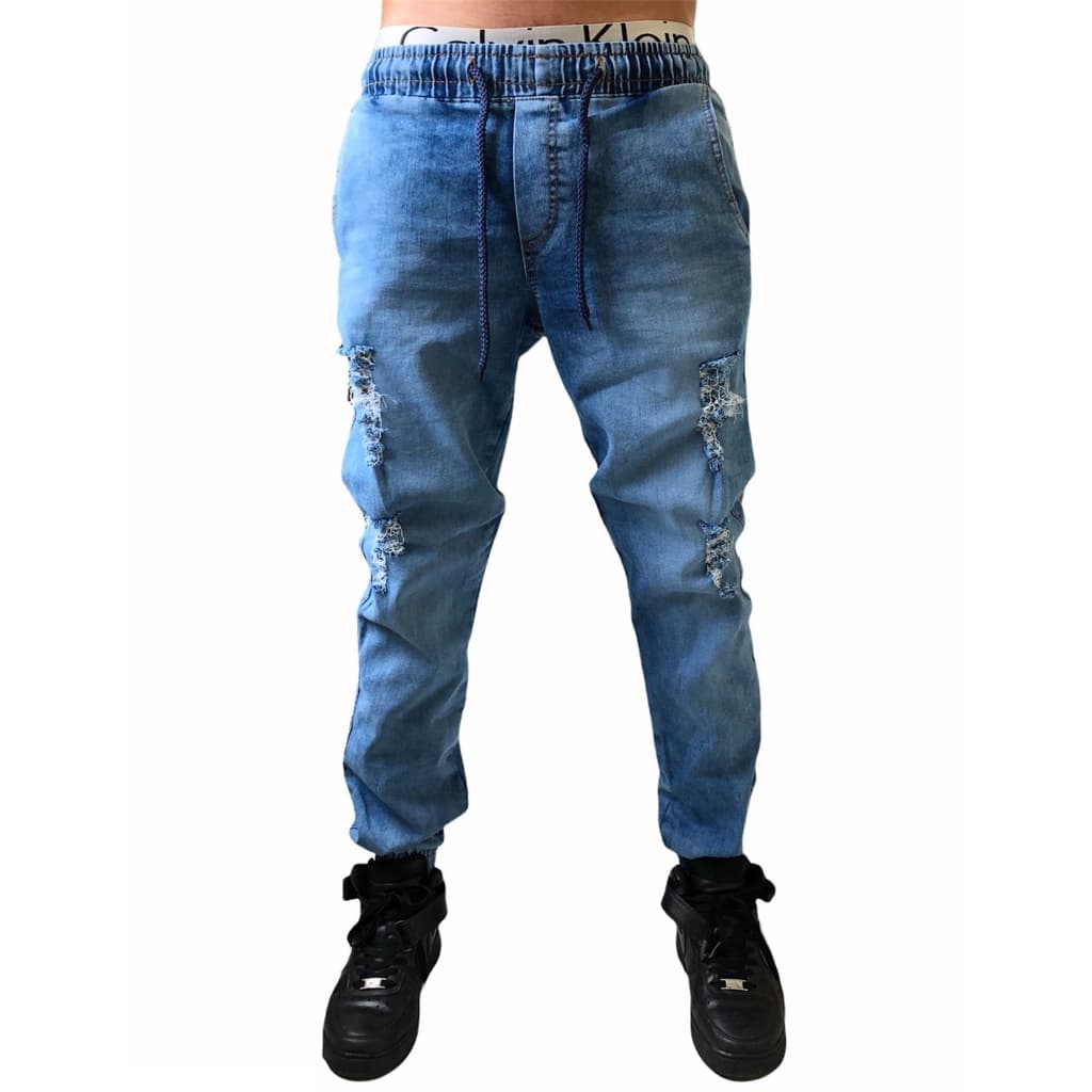 Calça Jogger Masculina Rasgada Jeans Médio Estilo Swag