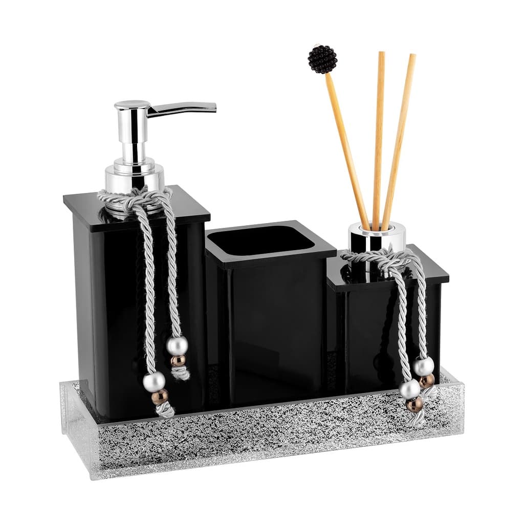 Kit Lavabo Luxo / Kit Saboneteira / Jogo Banheiro C/ Saboneteira Difusor Pote e Bandeja em Acrílico Preto / Glitter Prata - Acribom