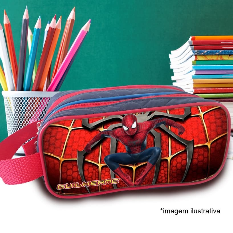 Estojo duplo escolar personalizado com nome, Homem Aranha, em Corano