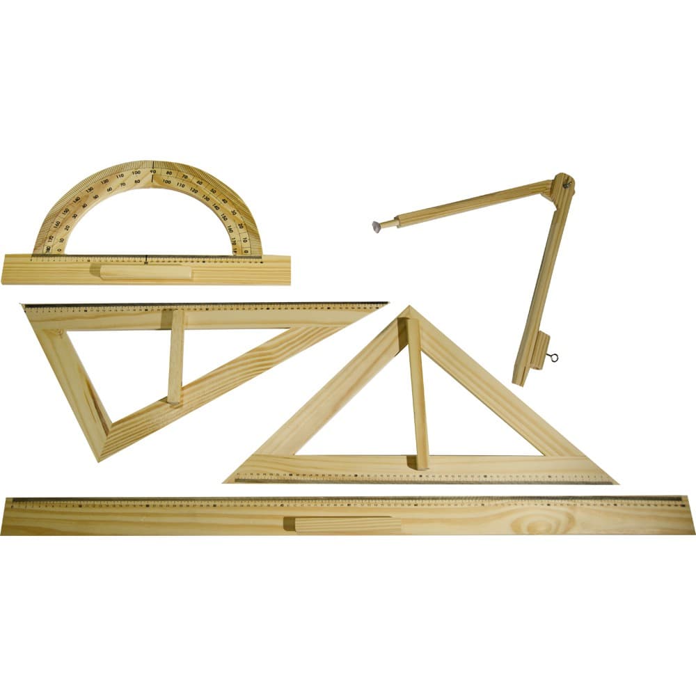 Kit Geométrico Professor em Mdf com 5 peças - Esquadro 45° e 60°, Transferidor, Compasso e Régua