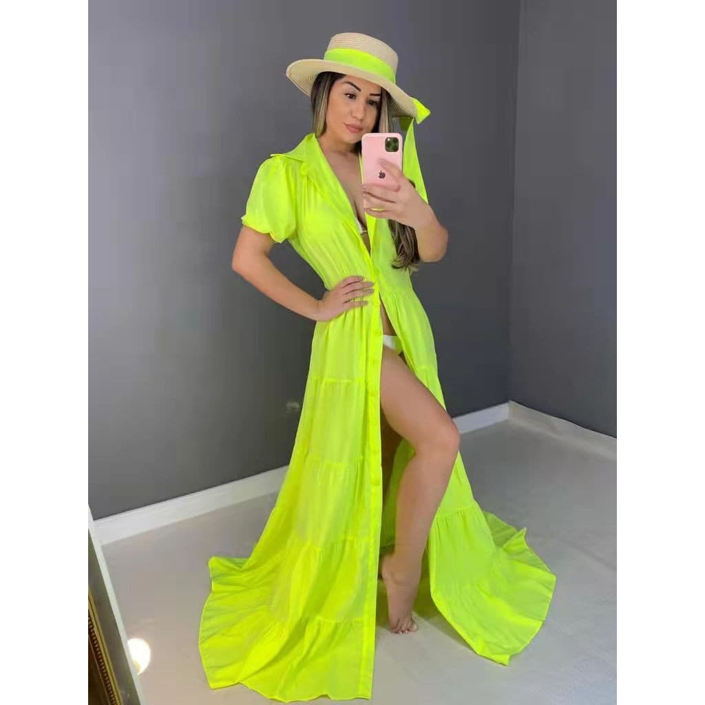 Vestido Longo Manga Curta Com Botão Primavera Verão