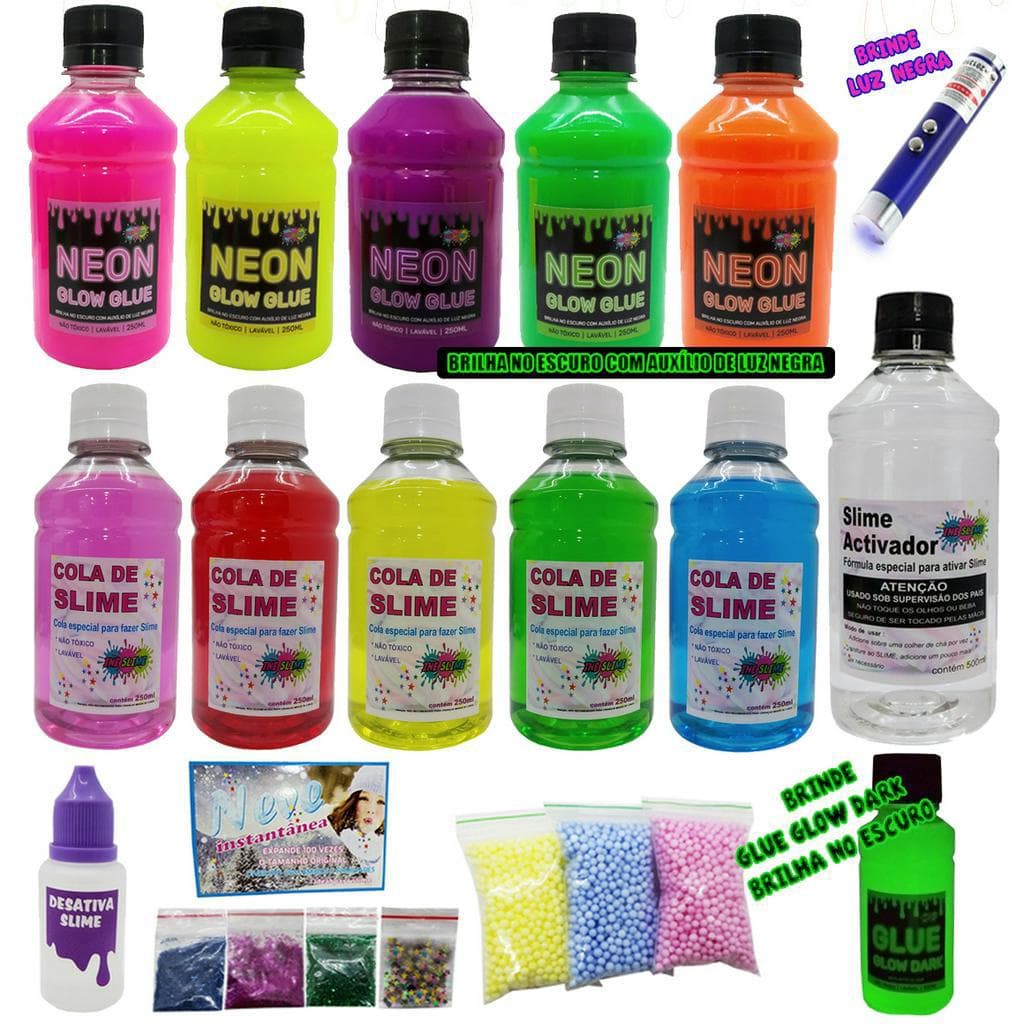 Super Kit Slime Completo com Colas Neon e Clear Super Barato Ine Slime