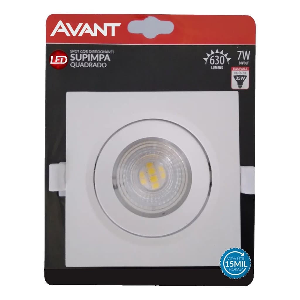 Spot Led 7W Quadrado Embutir Direcionável - Avant 6500k ou 3000k