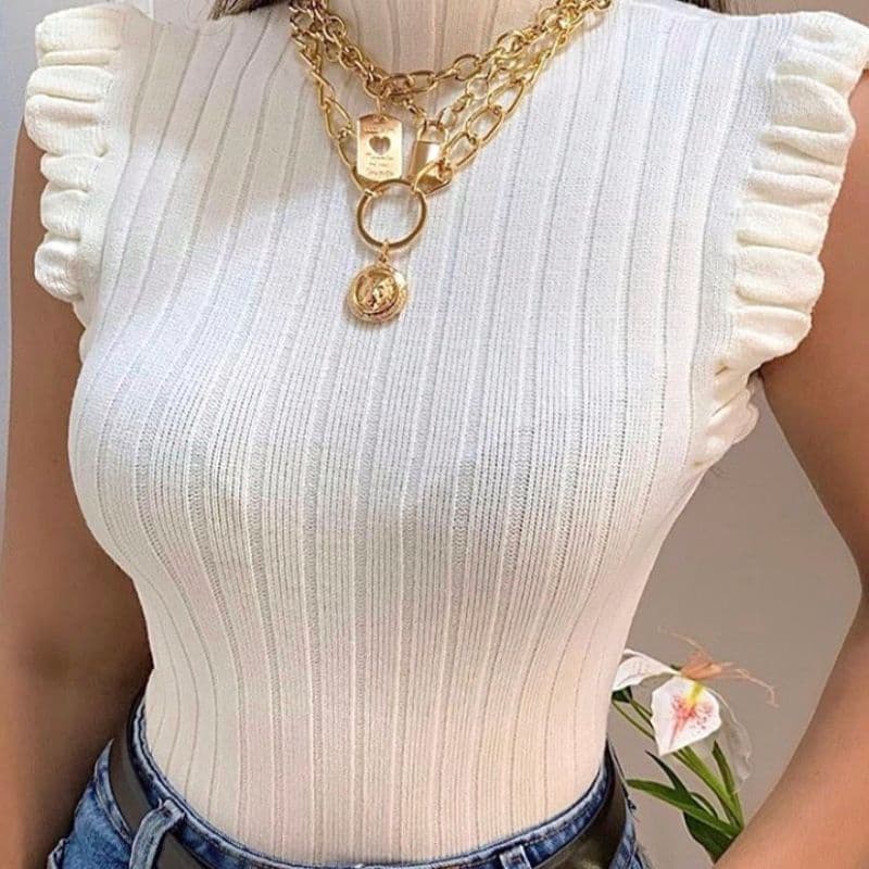 Blusinha Feminina Garrafinha / Gola Alta / Babado / Tricot Modal Canelado / Tricô / Blusa Feminina