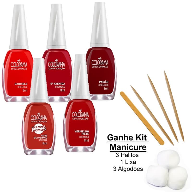 Kit 5 Esmaltes Colorama Vermelhos - Grátis Kit Manicure