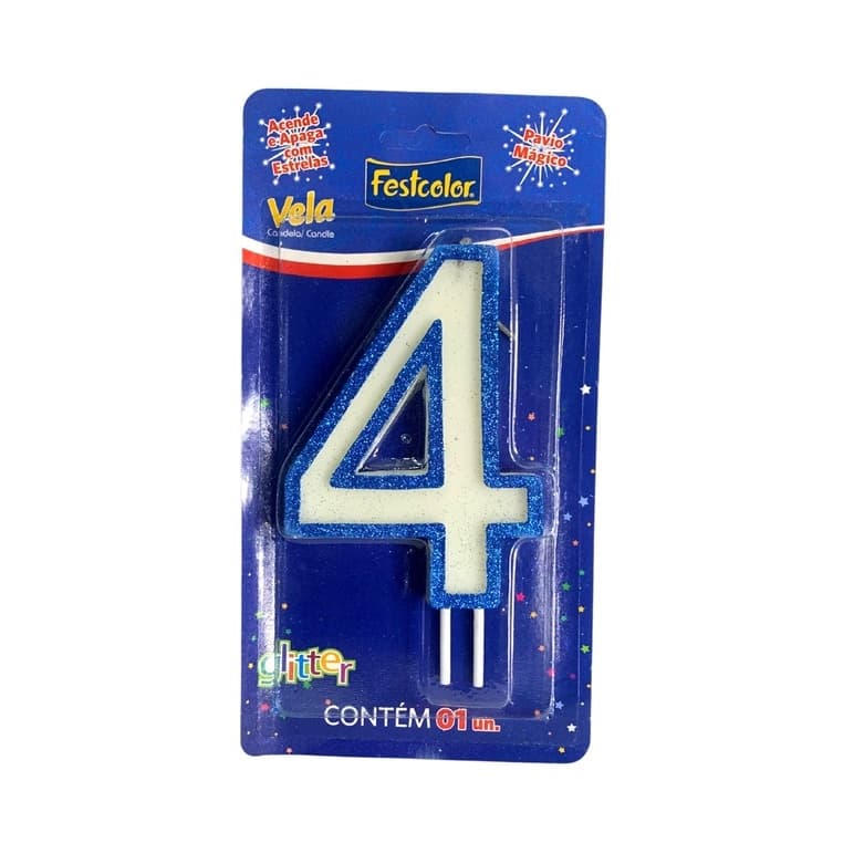 Vela Grande 15cm De Aniversário Número "4" Glitter Azul Festcolor- 1 Unidade