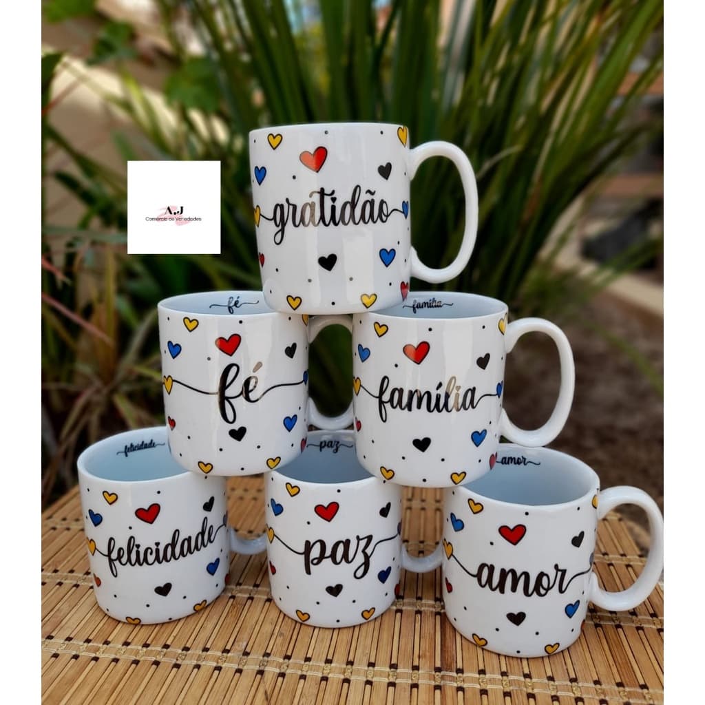 Jogo 6 Canecas Porcelana Branca Decorada 280ml