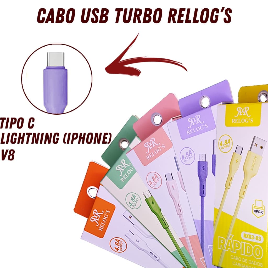 Cabo USB TIPO-C/iPhone/V8 Rápido 4.8A Relog´s Cabo Flexível com Pontas Reforçadas Ótima Qualidade