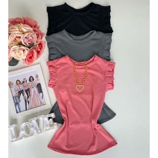 Kit 3 Blusas feminina canelada com babado Blusinha