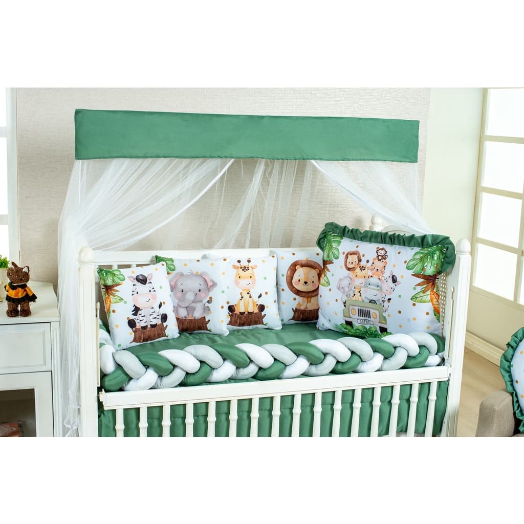 Kit Berço 9 Peças Sublimado Safari Verde Musgo Menino 100% Poliéster
