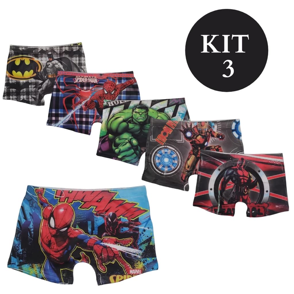 Kit 3 Cuecas Box Infantil Estampada Super Heróis Criança