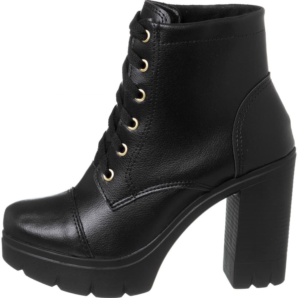 Coturno feminino bota macio salto alto cano médio plataforma tratorado sintético cadarço preto mulher