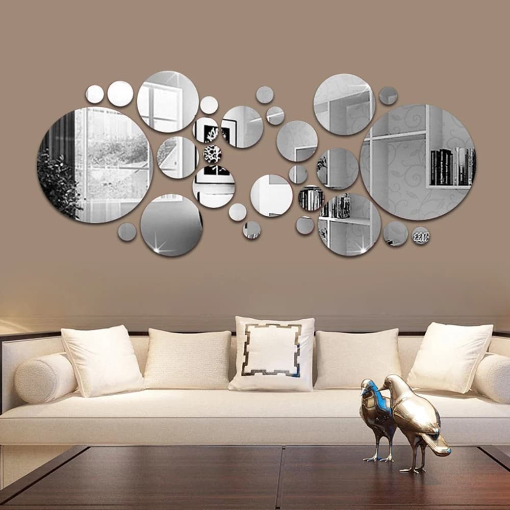 28Pcs Adesivo De Parede Espelhada 3D , Espelho Geométrico Círculo Adesivos Autoadesivos , DIY Decoração Para Sala De Estar TV Fundo De Decorações