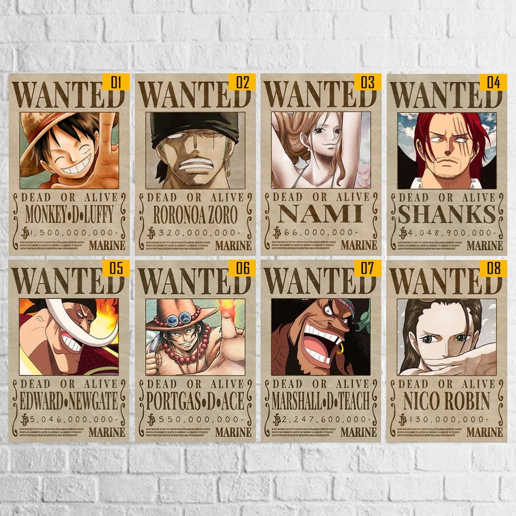Placas Decorativas One Piece Wanted Colletion - 10x14,5cm Com Fita Dupla Face Inclusa, Quarto Sala Decoração Casa